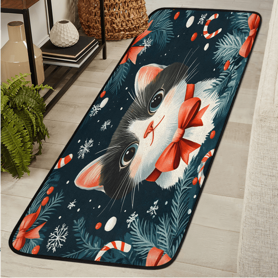 CURLYOOT Christmas Cat Runner Rug 2'x6' Washable Kitchen Runner Rug Indoor Non Slip Laundry Rugs Floor Carpet for Hallway Kitchen Entryway Bedroom Living Room