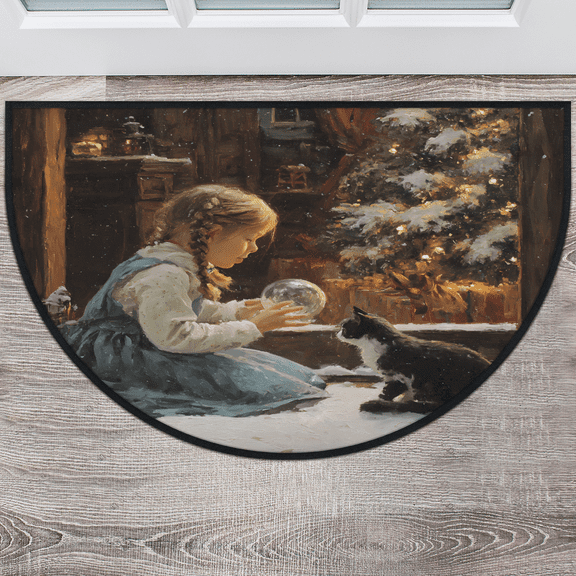CURLYOOT Christmas Cat Winter Half Round Door Mat 24'' x 36'', Indoor Outdoor Entrance Rug, Semi Circular Area Rug, Non Slip Washable Absorbent Doormat, Laundry Room Rug