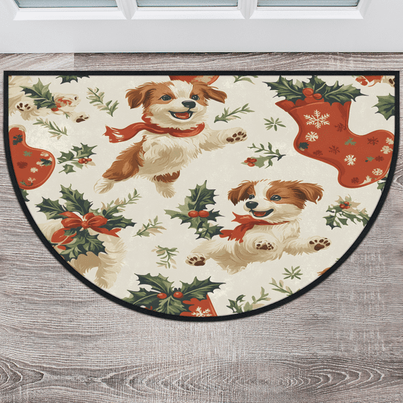 CURLYOOT Christmas Dog Half Round Door Mat, Indoor Outdoor Entrance Rug, Animal Pet Semi Circular Area Rug, Non Slip Washable Absorbent Doormat, Laundry Room Rug 24'' x 36''