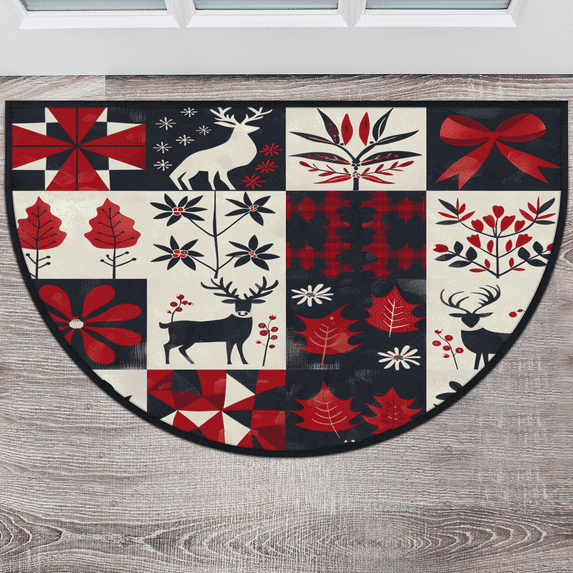 CURLYOOT Christmas Plaid Half Round Door Mat, Indoor Outdoor Entrance Rug, Rustic Semi Circular Area Rug, Non Slip Washable Absorbent Doormat, Laundry Room Rug 24'' x 36''