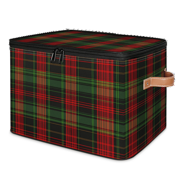 CURLYOOT Christmas Plaid Storage Bins with Zipper Lid Fabric Storage Baskets Boxes Washable Foldable Clothes Organizer Container with Leather Handles for Shelves Closet