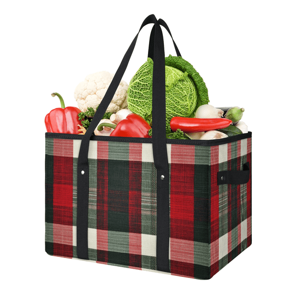 CURLYOOT Christmas Reusable Grocery Bag, Large Foldable Grocery Totes Shopping Bag for Groceries, Buffalo Plaid Shopping Bags with Handles for Kitchen Trunk Picnic