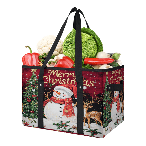 CURLYOOT Christmas Snowman Elk Reusable Grocery Bag, Large Foldable Grocery Totes Shopping Bag for Groceries, Shopping Bags with Handles for Kitchen Trunk Picnic