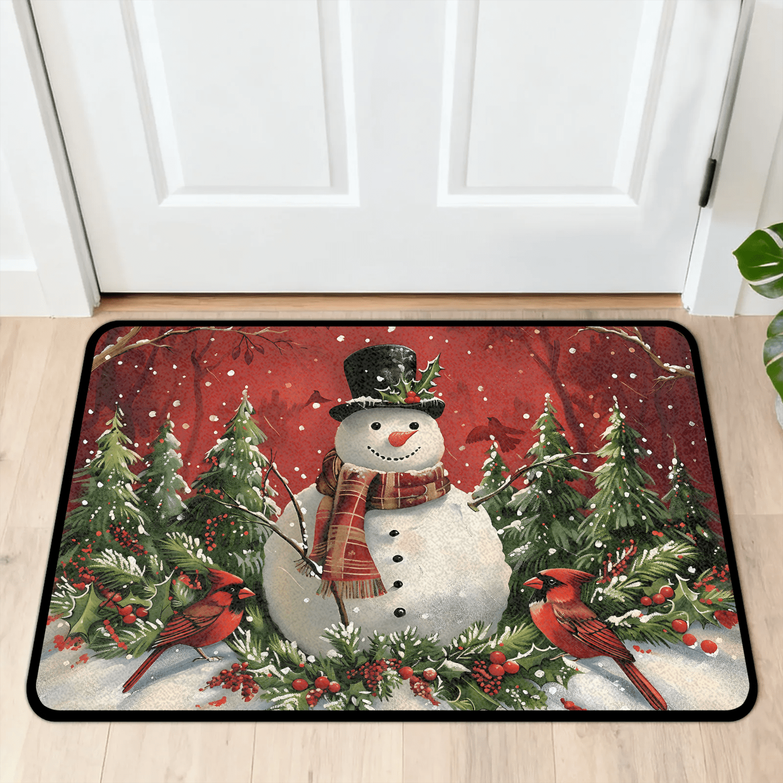 CURLYOOT Christmas Snowman Front Door Mat, Washable Non-Slip Red Bird
