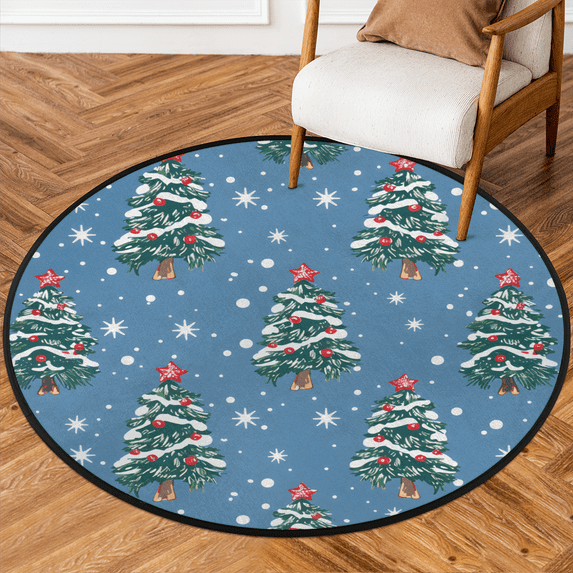 CURLYOOT Christmas Tree 5.2ft Round Rug for Living Room, Large Washable Area Rug, Non Slip Floor Mat Snowflake Indoor Rugs for Bedroom, Dining Room, Offices, Entryway