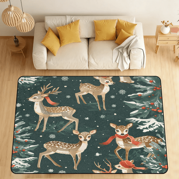 CURLYOOT Christmas Tree Elk Area Rugs 5'x7' Washable Rug Large Living Room Rug Non Slip Rustic Indoor Floor Carpet for Dining Room Bedroom Home