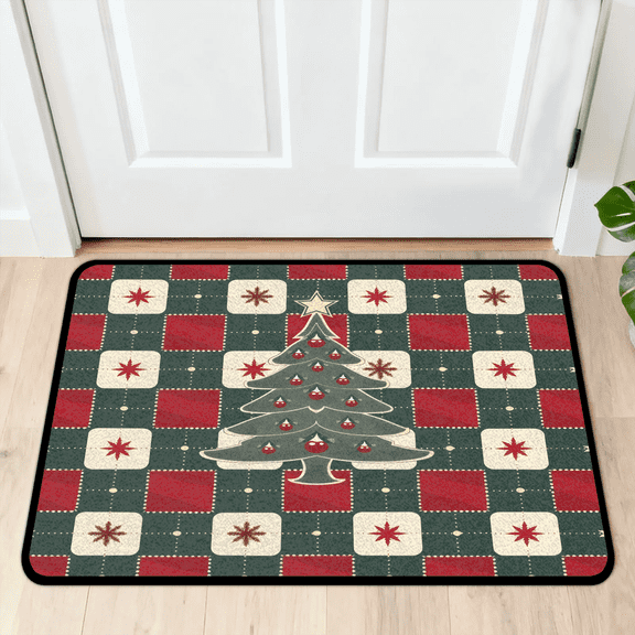 CURLYOOT Christmas Tree Indoor Doormat, Non-Slip Absorbent Door Mat 24" x 16", Buffalo Plaid Entrance Floor Mat Washable Entry Doormats for Entryway Front Back Door