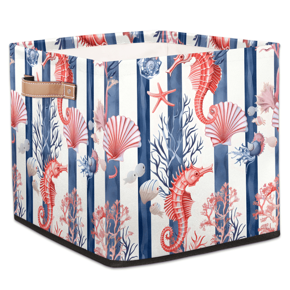 CURLYOOT Coastal Nautical Cube Storage Bin, 13 x 13 x 13 Storage Cube Bins for Organizing, Sea Shells Seahorse and Coral Fabric Foldable Closet Baskets with Handles for Closet, Shelves, Clothes