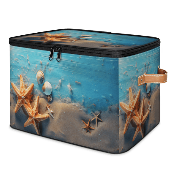 CURLYOOT Coastal Starfish Seashell Storage Bins with Zipper Lid Fabric Storage Baskets Boxes Farmhouse Washable Foldable Clothes Organizer Container with Leather Handles for Shelves Closet