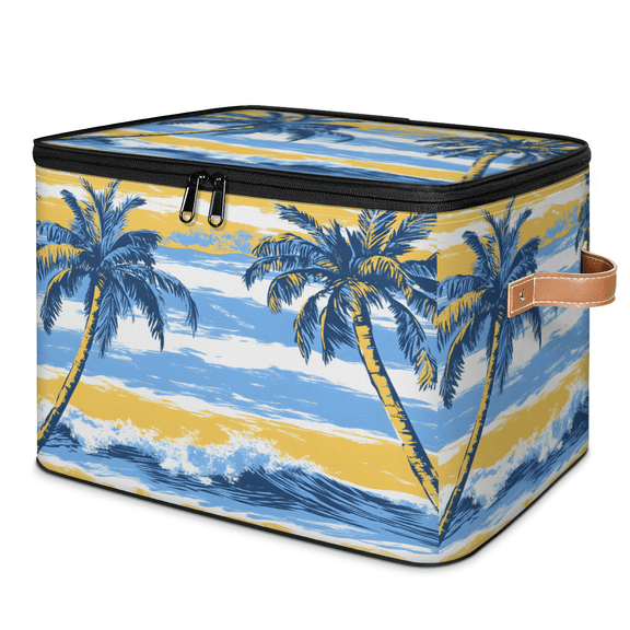CURLYOOT Coconut Tree Storage Bin with Zipper Lid, Fabric Decorative Lidded Storage Baskets Boxes, Abstract Tropical Palm Tree with Sea Foldable Organizer Container Basket for Bedroom Closet Shelf