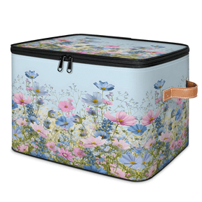 CURLYOOT Color Daisy Fabric Storage Bins with Lids, Flower Plant Foldable Storage Boxes Washable Storage Cube, Closet Bedroom Home Organizer Containers with PU Leather Handles