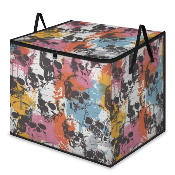 CURLYOOT Color Skull Clothes Storage Bag, Large Blanket Storage Container with Handle Zippers, Gothic Skeleton Foldable Closet Organizer for Blanket, Comforter, Pillow, Bedding