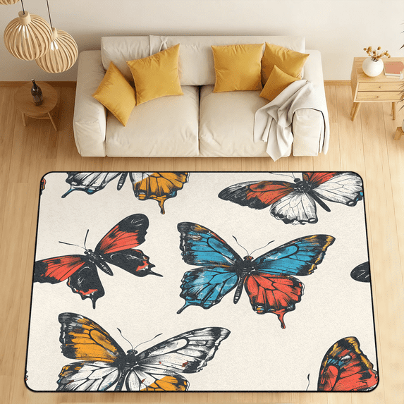 CURLYOOT Colorful Butterflies Area Rugs 5'x7' Washable Rug Large Living Room Rug Non Slip Indoor Floor Carpet for Dining Room Bedroom Home