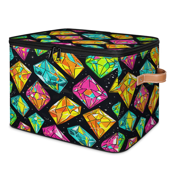 CURLYOOT Colorful Diamond Storage Bins with Zipper Lid Fabric Storage Baskets Boxes Geometric Washable Foldable Clothes Organizer Container with Leather Handles for Shelves Closet