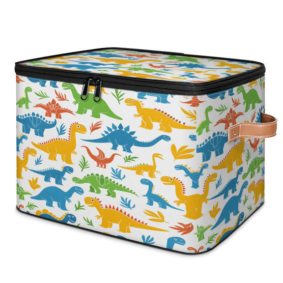 CURLYOOT Colorful Dinosaur Fabric Storage Bins with Lids, Foldable Storage Boxes Washable Storage Cube, Closet Bedroom Home Organizer Containers with PU Leather Handles