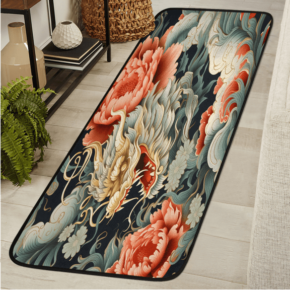 CURLYOOT Colorful Floral Dragon Runner Rug 2'x6' Washable Kitchen Runner Rug Indoor Non Slip Laundry Rugs Floor Carpet for Hallway Kitchen Entryway Bedroom Living Room