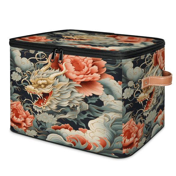 CURLYOOT Colorful Floral Dragon Storage Bin with Zipper Lid, Fabric Decorative Lidded Storage Baskets Boxes, Foldable Organizer Container Basket for Bedroom Closet Shelf