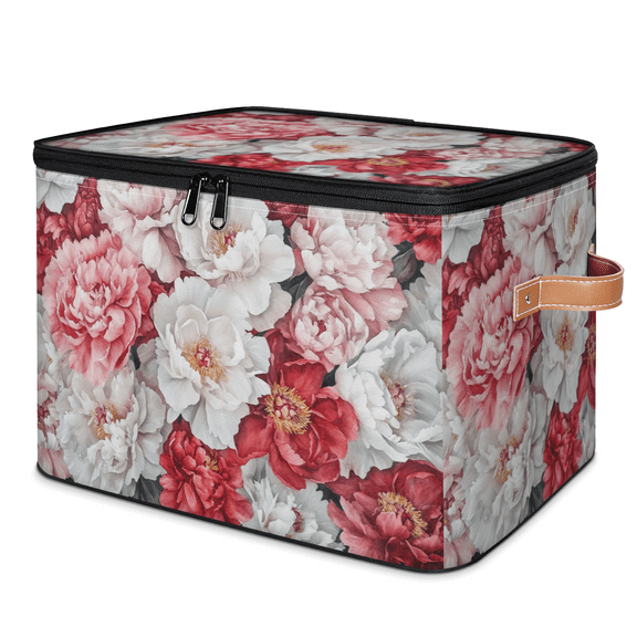 CURLYOOT Colorful Floral Storage Bins with Zipper Lid Fabric Storage Baskets Boxes Rose Washable Foldable Clothes Organizer Container with Leather Handles for Shelves Closet