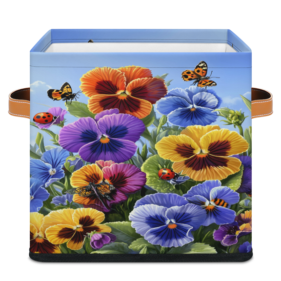 CURLYOOT Colorful Flower Floral Summer Plant 11 x 11 Inch Cube Storage Bin, Fabric Storage Cube Foldable Basket with Leather Handles, Organizer Basket for Closet Shelves