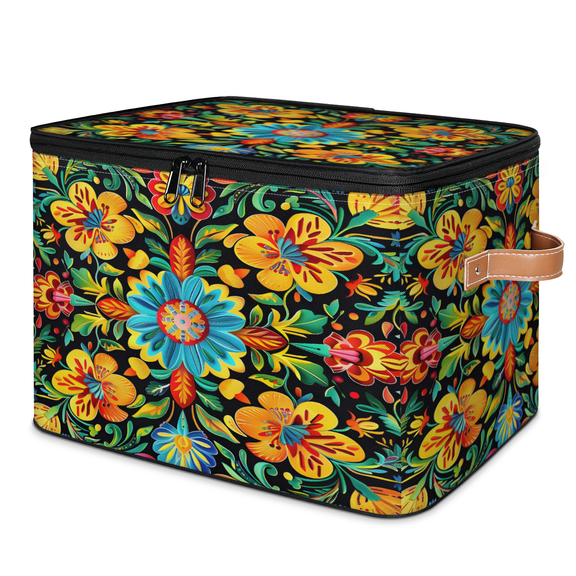 CURLYOOT Colorful Mexican Fabric Storage Bins with Lids, Mexican Flowers Foldable Storage Boxes Washable Storage Cube, Closet Bedroom Home Organizer Containers with Leather Handles