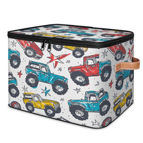 CURLYOOT Colorful Monster Truck Fabric Storage Bins with Lids, Foldable Storage Boxes Washable Storage Cube, Closet Bedroom Home Organizer Containers with PU Leather Handles
