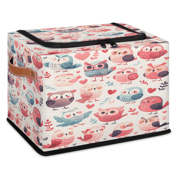 CURLYOOT Colorful Owl Storage Bin with Zipper Lid, Bird Fabric Storage Basket with Handles, Decorative Foldable Storages Box Clothes Organizer for Closet, Shelf