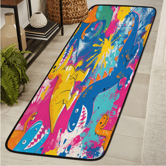 CURLYOOT Colorful Rainbow Dinosaur Runner Rug 2'x6' Washable Kitchen Runner Rug Indoor Non Slip Laundry Rugs Floor Carpet for Hallway Kitchen Entryway Bedroom Living Room