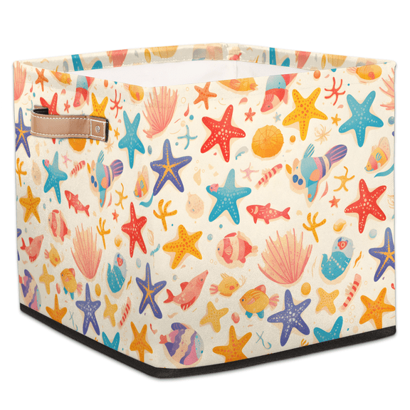 CURLYOOT Colorful Starfish Seashell Fish Cube Storage Bin, 13 x 13 x 13 Storage Cube Bins for Organizing, Fabric Foldable Baskets with Handles for Closet, Shelves, Clothes
