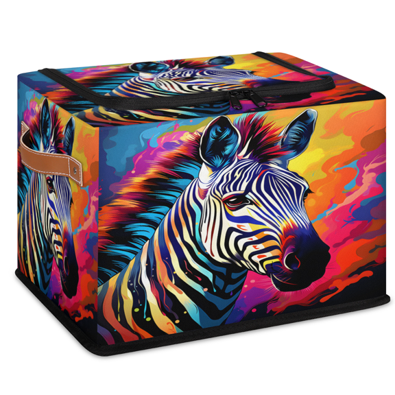CURLYOOT Colorful Zebra Storage Bin With Zipper Lid, Foldable Clothes Organizer Lidded Storage Baskets, Rectangular Box Closet Shelf Organizer for Bedroom Living Room