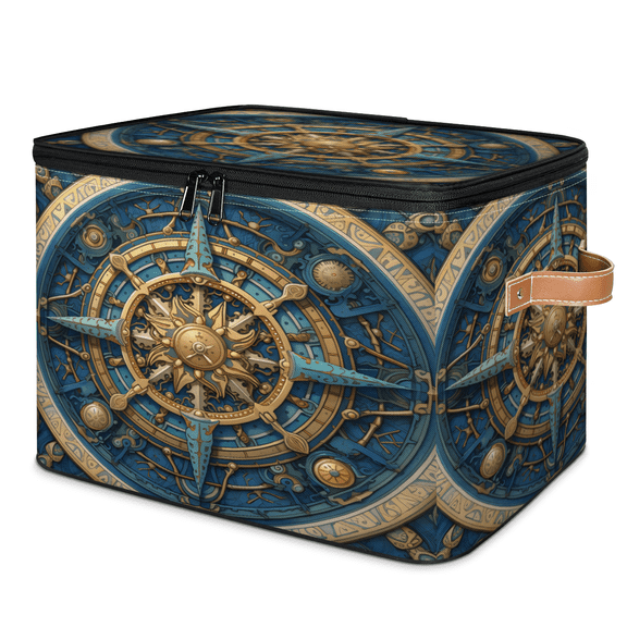 CURLYOOT Compass Storage Bins with Zipper Lid Fabric Storage Baskets Boxes Vintage Nautical Washable Foldable Clothes Organizer Container with Leather Handles for Shelves Closet