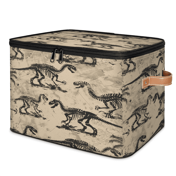 CURLYOOT Cool Dinosaur Skeleton Fabric Storage Bins with Lids, Foldable Storage Boxes Washable Storage Cube, Closet Bedroom Home Organizer Containers with PU Leather Handles