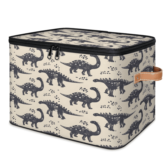 CURLYOOT Cool Dinosaurs Footprints Fabric Storage Bins with Lids, Foldable Storage Boxes Washable Storage Cube, Closet Bedroom Home Organizer Containers with PU Leather Handles