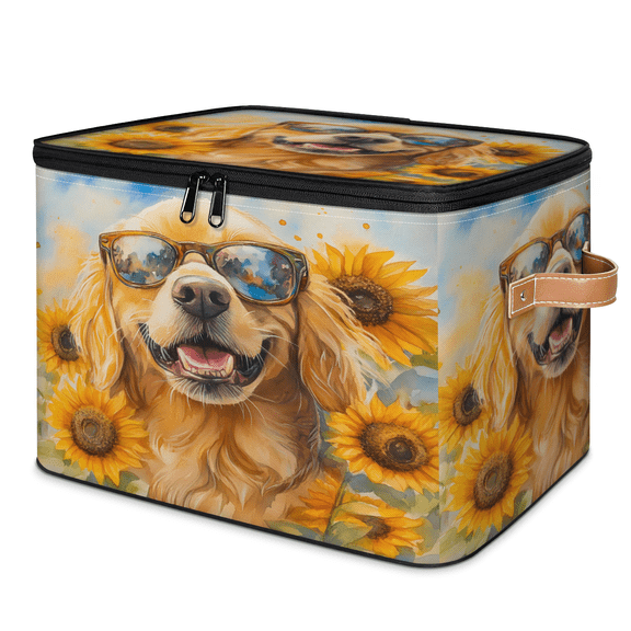 CURLYOOT Cool Dog and Sunflower Storage Bins with Lid, Decorative Fabric Storage Boxes, Foldable Closet Shelf Organizer Baskets for Bedroom, Living Room, Home