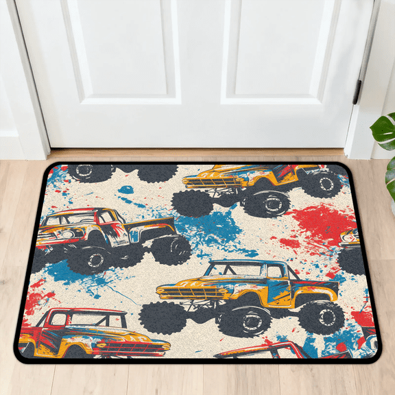 CURLYOOT Cool Monster Trucks Cars Front Door Mat, Washable Non-Slip Door Mat, Indoor Outdoor Floor Mats Absorbent Welcome Doormat for Entrance 20" x 30"