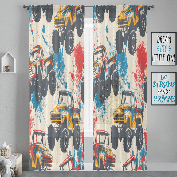 CURLYOOT Cool Monster Trucks Cars Sheer Curtains 84 inches Long, Light Filtering Semi Sheer Curtain for Bedroom Living Room, Rod Pocket Window Treatments, 2 Panels Set