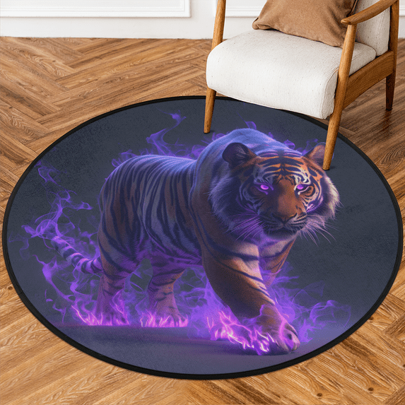 CURLYOOT Cool Tiger 5.2ft Round Rug for Living Room, Large Washable Area Rug, Non Slip Floor Mat Indoor Rugs for Bedroom, Dining Room, Offices, Entryway