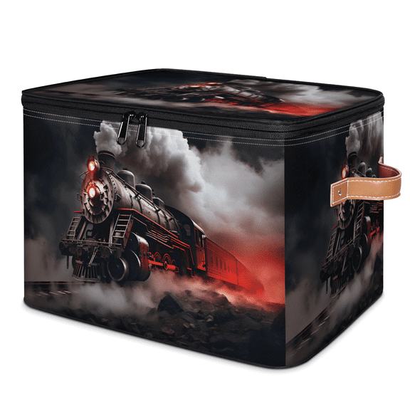 CURLYOOT Cool Train Fabric Storage Bins with Lids, Foldable Storage Boxes Washable Storage Cube, Closet Bedroom Home Organizer Containers with PU Leather Handles
