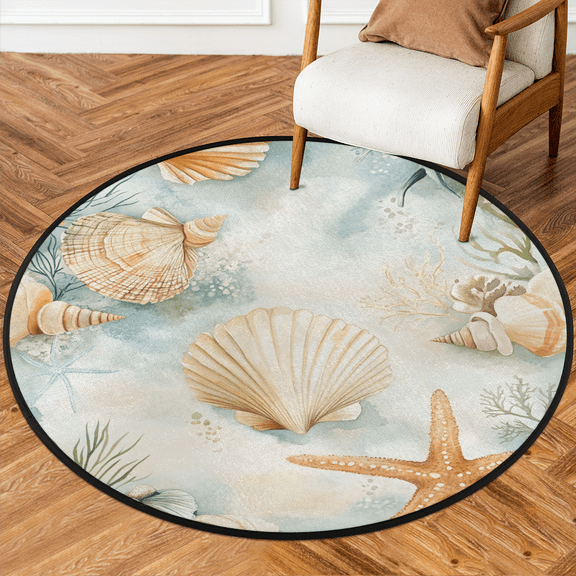 CURLYOOT Coral Ocean Nautical Seashell 5.2ft Round Rug for Living Room, Large Washable Area Rug, Non Slip Floor Mat Indoor Rugs for Bedroom, Dining Room, Offices, Entryway