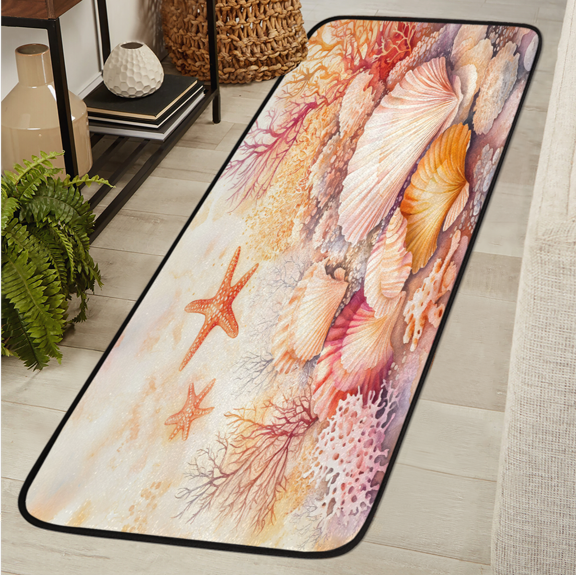 CURLYOOT Coral Ocean Theme Nautical Seashell Colorful Runner Rug 2'x6' Washable Kitchen Runner Rug Indoor Non Slip Laundry Rugs Floor Carpet for Hallway Kitchen Entryway Bedroom Living Room