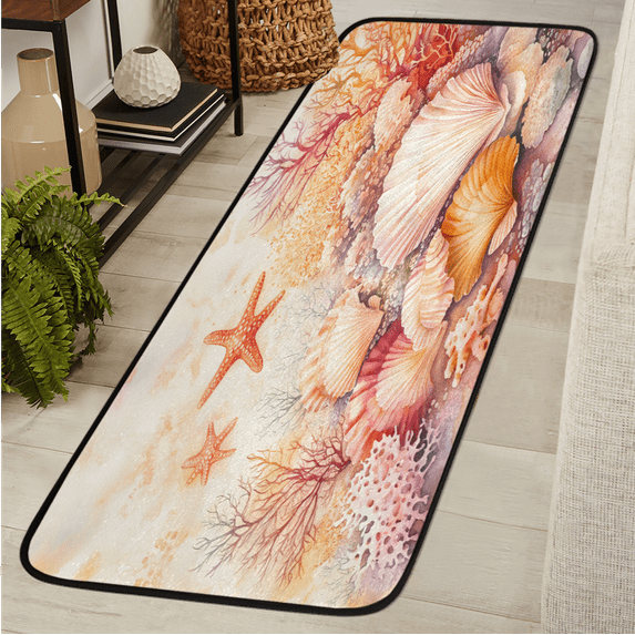 CURLYOOT Coral Ocean Theme Nautical Seashell Colorful Runner Rug 2'x6' Washable Kitchen Runner Rug Indoor Non Slip Laundry Rugs Floor Carpet for Hallway Kitchen Entryway Bedroom Living Room