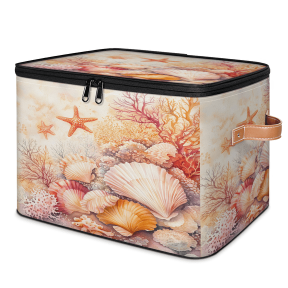 CURLYOOT Coral Ocean Theme Nautical Seashell Colorful Storage Bins with Lid, Decorative Fabric Storage Boxes, Foldable Closet Shelf Organizer Baskets for Bedroom, Living Room, Home
