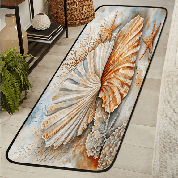 CURLYOOT Coral Ocean Yellow Nautical Seashell Runner Rug 2'x6' Washable Kitchen Runner Rug Indoor Non Slip Laundry Rugs Floor Carpet for Hallway Kitchen Entryway Bedroom Living Room