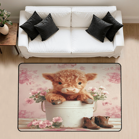 CURLYOOT Cow Animal Spring Flower Pinks Area Rug 3x5 Ft Rugs for Entryway Entrance Kitchen, Washable Non Slip Indoor Floor Carpet for Bedroom Living Room