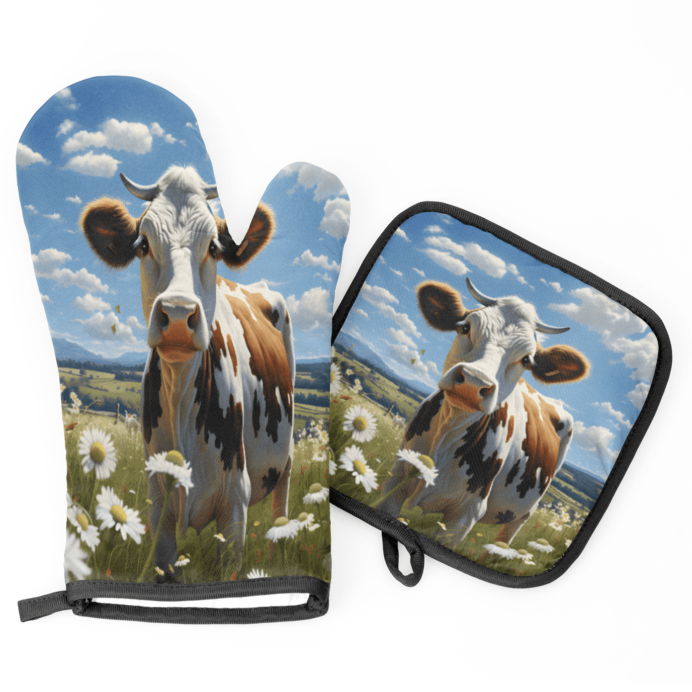 CURLYOOT Cow Daisy Oven Mitts and Pot Holders Sets of 2, Non-Slip Washable Hot Pads and Oven Gloves for Kitchen Cooking Baking