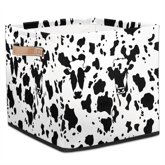 CURLYOOT Cow Print Cube Storage Bin, 13 x 13 x 13 Storage Cube Bins for Organizing, Black and White Cow Fabric Foldable Closet Baskets with Handles for Closet, Shelves, Clothes