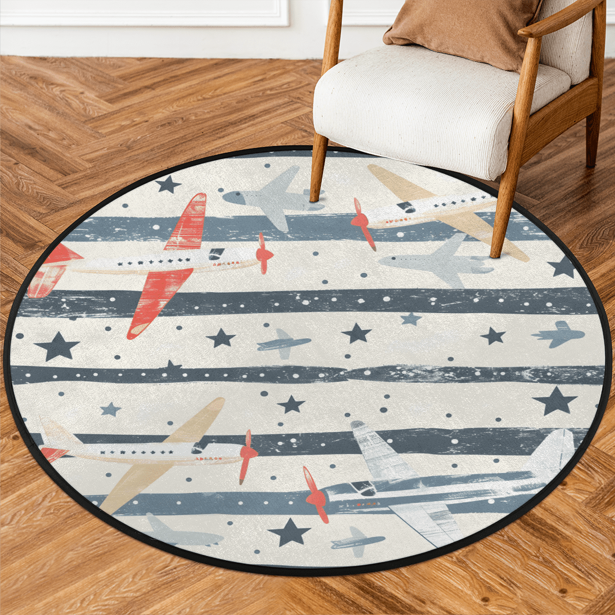 Flight Line Rug CURLYOOT Cute Airplane 5.2ft Round Rug for Living Room, Large Washable ...