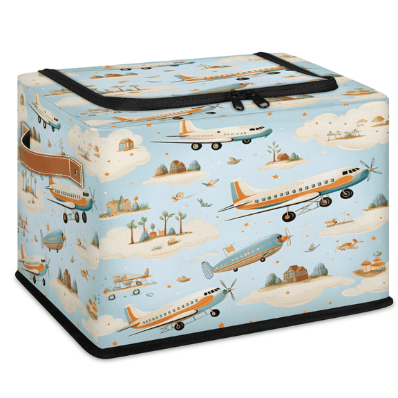 CURLYOOT Cute Airplane Storage Bin With Zipper Lid, Foldable Clothes Organizer Lidded Storage Baskets, Rectangular Box Closet Shelf Organizer for Bedroom Living Room