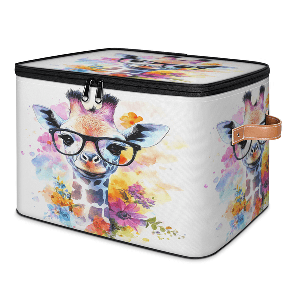 CURLYOOT Cute Animal Giraffe Watercolor Storage Bins with Lid, Decorative Fabric Storage Boxes, Foldable Closet Shelf Organizer Baskets for Bedroom, Living Room, Home