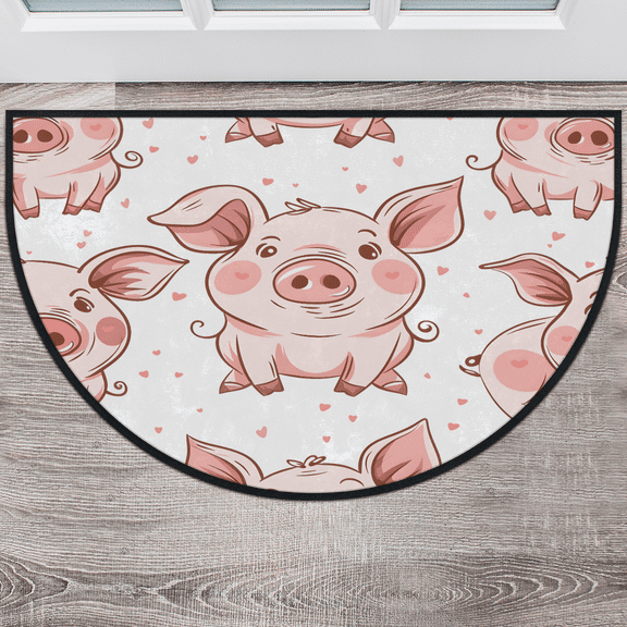 CURLYOOT Cute Animal Pig Half Round Door Mat, Indoor Outdoor Entrance Rug, Semi Circular Area Rug, Non Slip Washable Absorbent Doormat, Laundry Room Rug 24'' x 36''
