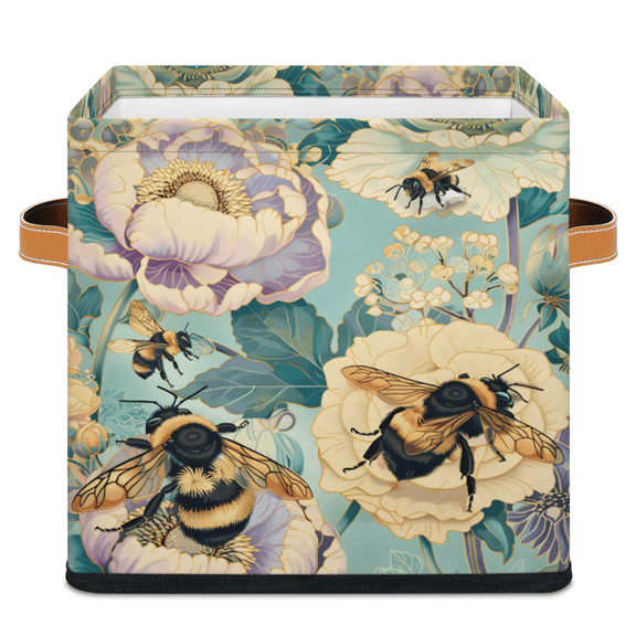 CURLYOOT Cute Bee Wild Flower 11 x 11 Inch Cube Storage Bin, Fabric Storage Cube Foldable Basket with Leather Handles, Organizer Basket for Closet Shelves